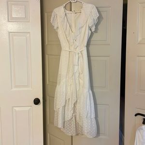 White wrap ruffle midi dress